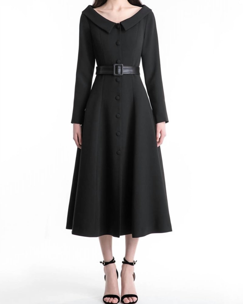 Front of a model wearing a size US12 Crystal Belted Button Front Dress In Black in Black by Huishan Zhang. | dia_product_style_image_id:346519